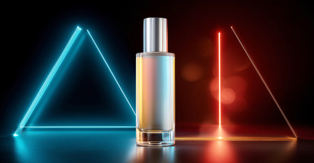 Luminous cosmetic bottle mockup on geometric podium with glowing accents Generative AIの素材
