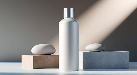 Cosmetics bottle mockup displayed on geometric podium with stones and soft light Generative AIの素材