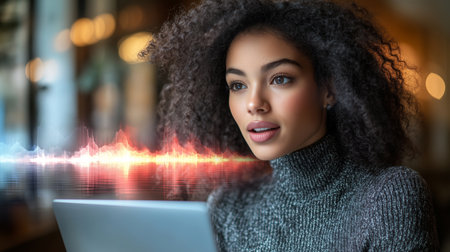 Engaging conversation with a voice assistant in a cozy cafe setting Generative AIの素材