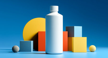 Elegant cosmetic bottle mockup on geometric podium with vibrant colors Generative AIの素材