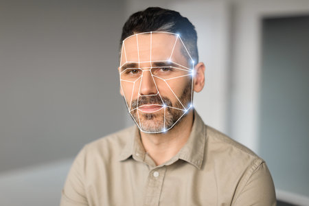Facial recognition technology showcased in modern identification methodsの写真素材