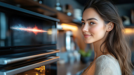 Control sound and graphics with voice assistant in modern kitchen setting Generative AIの素材