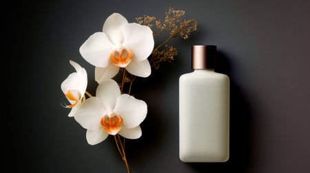 Cosmetic bottle mockup presented with floral elements on a geometric podium Generative AIの素材