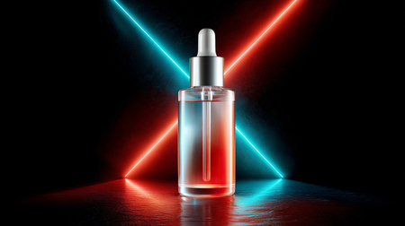 Modern cosmetic bottle mockup on geometric podium with neon lines Generative AIの素材