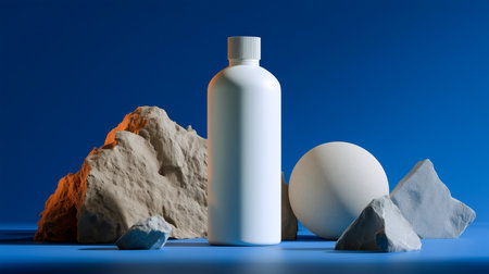 Cosmetic bottle mockup displayed on geometric podium with natural elements Generative AIの素材