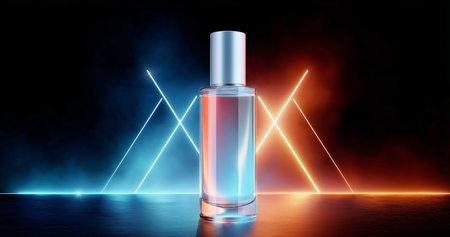 Cosmetics bottle mockup on geometric podium with colorful lighting effects Generative AIの素材