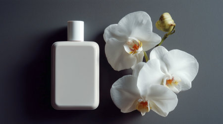 Elegant cosmetics bottle mockup on geometric podium with fresh flowers Generative AIの素材