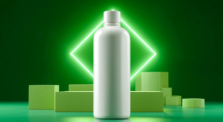 Cosmetic bottle mockup showcased on geometric podium with green accents Generative AIの素材