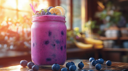A berry smoothie garnished with bananas and blueberries sits on a wooden table in a cafeの素材