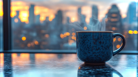 A steaming cup of coffee rests on a table as the skyline glows in warm colors during sunsetの素材