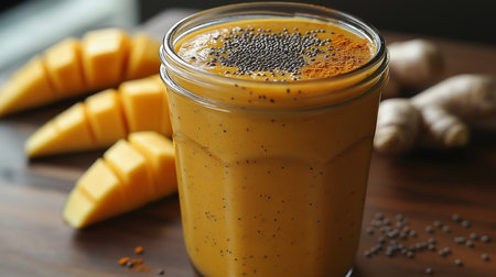 Delicious mango smoothie topped with chia seeds and displayed with mango slices and ginger rootの素材