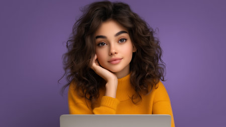 Young woman using voice control technology while connecting on her laptop Generative AIの素材