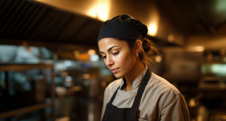 Focused cook preparing food in a busy restaurant kitchen during evening hours Generative AIの素材