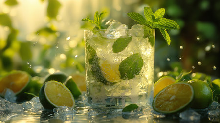 A refreshing mojito with mint and lime sparkles among fresh ingredients and iceの素材