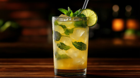A colorful mojito made with fresh mint, citrus lime, and ice is ready to be enjoyed at a barの素材