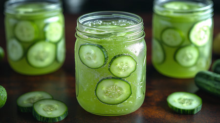 Three jars of cucumber drinks filled with ice and garnished with fresh cucumber slicesの素材