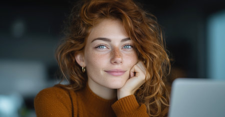 Woman using voice control assistant while working on her laptop in a cozy setting Generative AIの素材