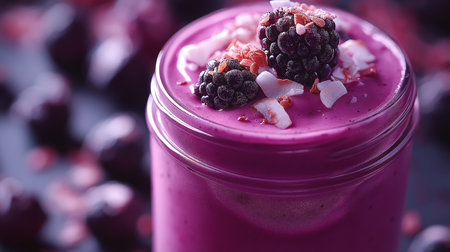 A vibrant purple smoothie garnished with fresh blackberries and coconut flakes sits in a jarの素材