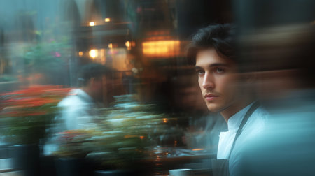 Focused cook prepares meals in bustling restaurant during busy evening service Generative AIの素材