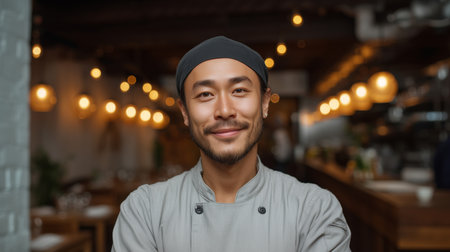 Smiling cook in professional kitchen ready to serve guests at busy restaurant Generative AIの素材