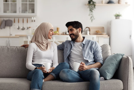 Fun together, enjoy breakfast and spare time at home, domestic dateの写真素材