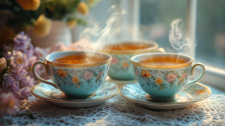Delicate tea cups filled with steaming tea sit on a lace tablecloth near blooming flowersの素材