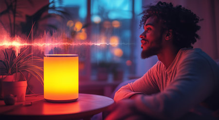 Engaging with a smart sound assistant at home in cozy evening lighting Generative AIの素材