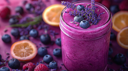 Vibrant smoothie with blueberries, raspberries, and lemon, garnished with lavenderの素材