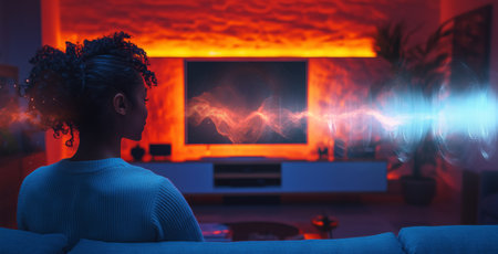 Exploring sound control and visual graphics in a modern living room with technology Generative AIの素材