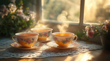 Three teacups of hot tea sit on a lace doily by a sunlit window with blooming flowersの素材