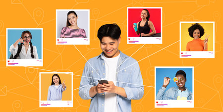 Young man engaging with friends on social media in vibrant setting