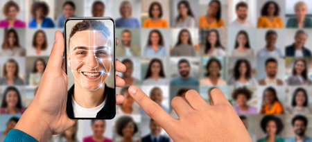 A person holds a smartphone displaying face recognition technology