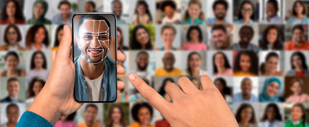 Exploring modern technology with facial recognition on a smartphone displayの写真素材