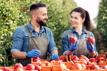 Proud owners, farmers are happy with big harvest on organic farmの写真素材