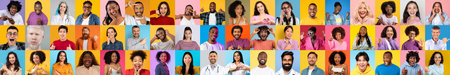 Diverse group of smiling people in colorful portraits celebrating individuality