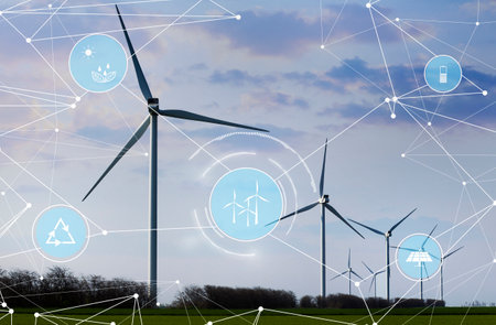 Wind turbines with digital icons of energy generation