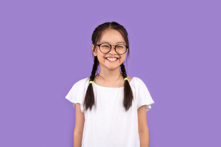 Asian Kid Girl Wearing Eyeglasses Smiling Posing Over Purple Background