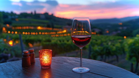 A glass of red wine rests on a wooden table as twilight descends over the vineyardの素材