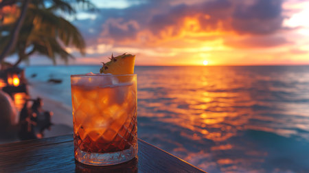 Cocktail with a slice of pineapple is placed on a table as the sun sets over the oceanの素材