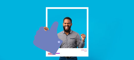 Influencer celebrates success with thumbs up and vibrant backgroundの写真素材