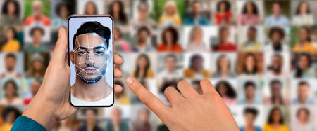 Innovative technology showcases smartphone face recognition feature in actionの写真素材