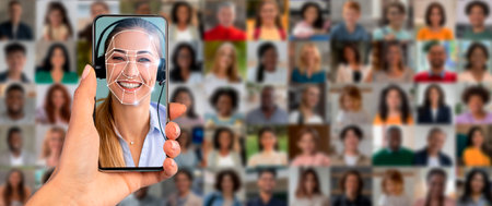 Modern facial recognition technology displayed on smartphone screenの写真素材