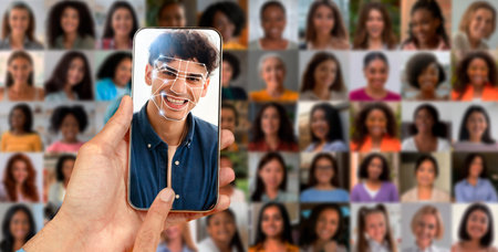 Smartphone facial recognition tech in modern ID processesの写真素材