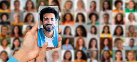 Person using smartphone for facial recognition scan among various portraits