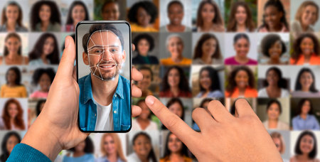 Facial recognition technology showcased on smartphone in modern collageの写真素材