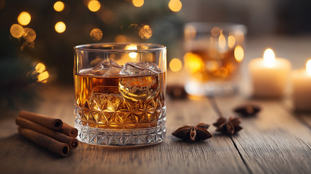 Rich whiskey on the rocks is elegantly displayed next to flickering candles in a cozy settingの素材