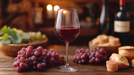 A glass of red wine, fresh grapes, and cheese sit on a wooden table in a cozy settingの素材