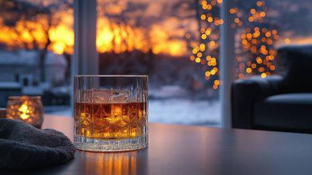 A whiskey glass rests on a table, showcasing its amber color against a vibrant sunset viewの素材