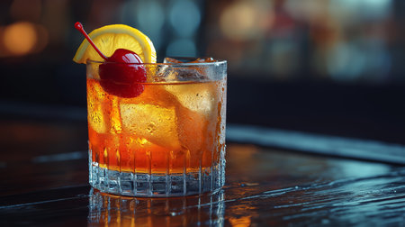 A vibrant cocktail with ice, a cherry, and lemon slice is served at a dimly lit barの素材