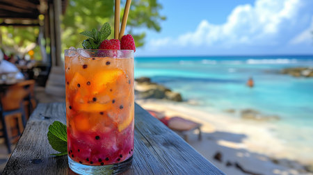 A colorful fruit drink rests on a wooden table by the clear ocean and sandy beachの素材